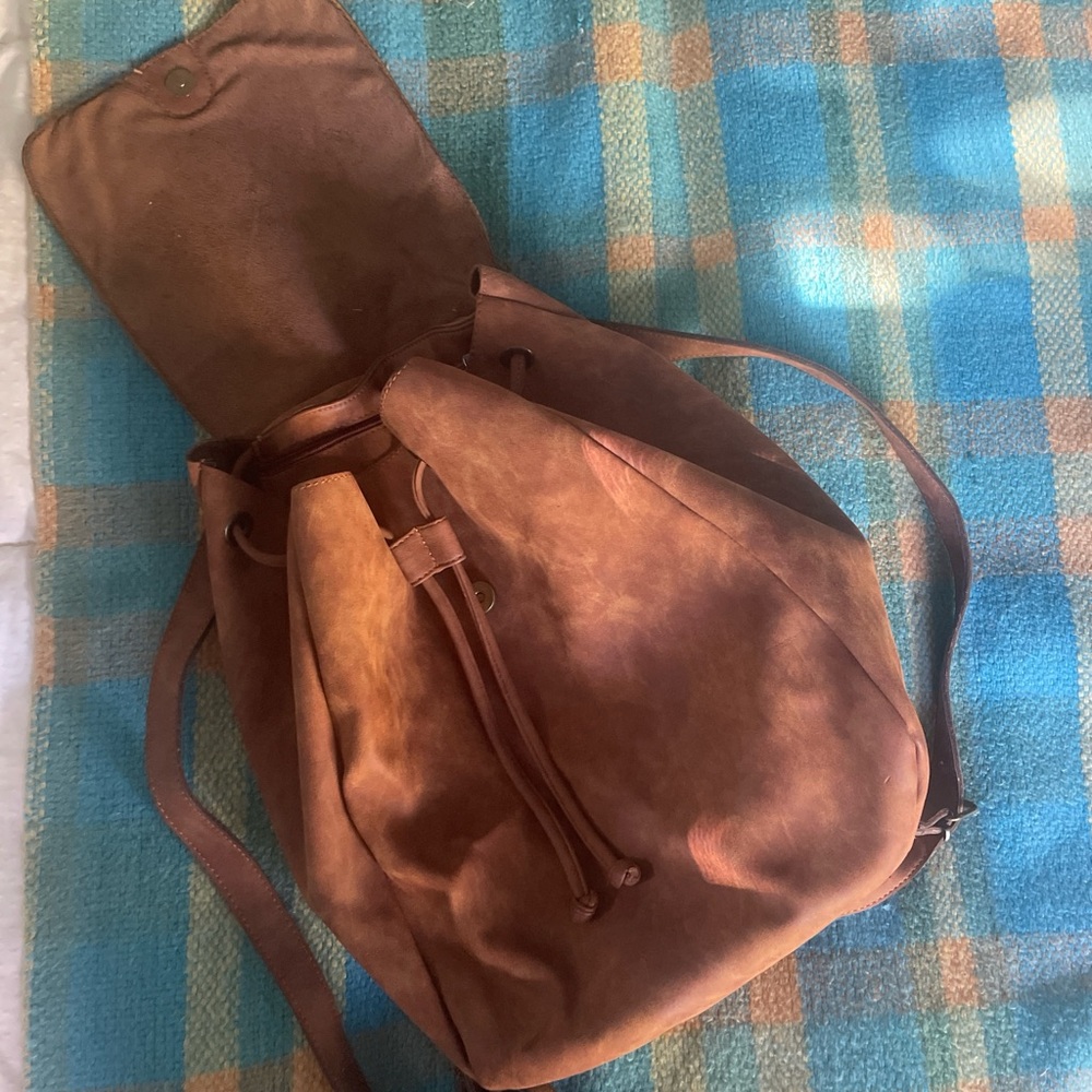 Brown Leather Drawstring Backpack